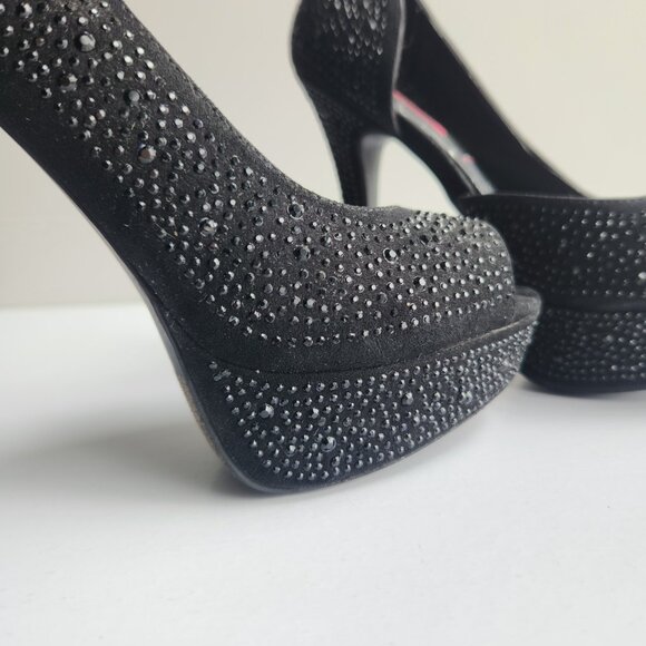 Betseyville Betty Johnson 6.5 Y2K Black w/ Gems Peep Toe Pumps Platform Stiletto - Picture 9 of 9